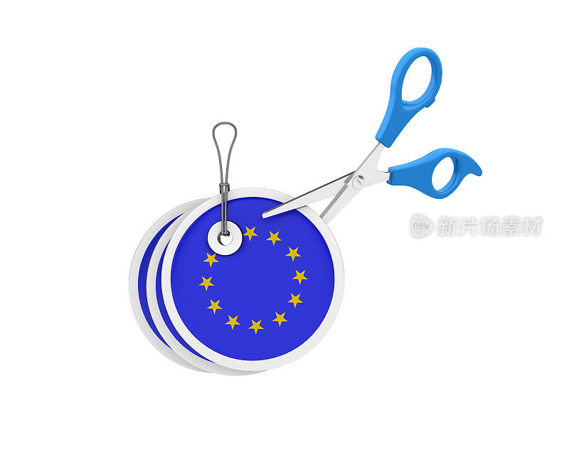 价格购物标签与欧盟旗帜和剪刀- 3D渲染